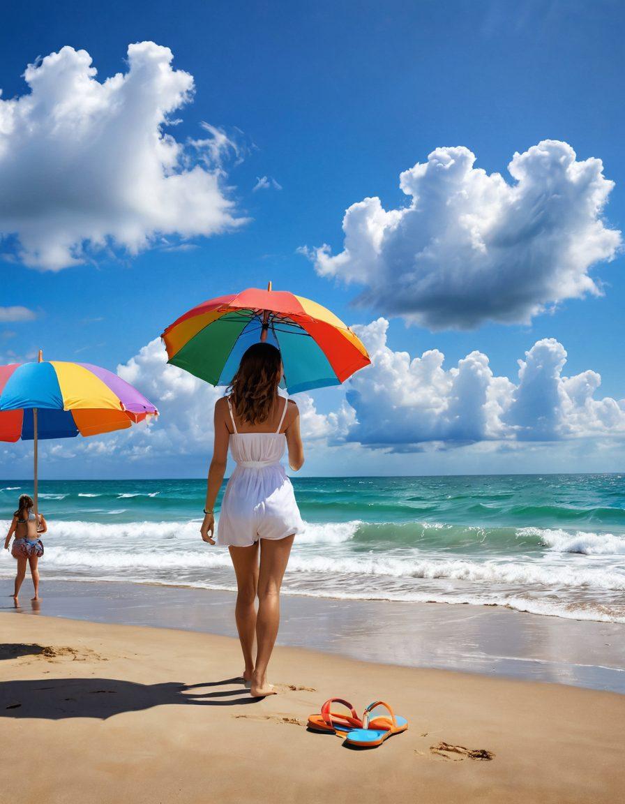 A vibrant beach scene with a stylish individual wearing summer fashion, splashing water around while a hint of sadness is portrayed through their expression. Surrounding them are colorful beach umbrellas and flip-flops, contrasting with a soft, muted cloud in the sky to suggest nostalgia. The ocean waves gently lap at the shore, capturing a moment of enjoyment amidst the deeper emotions. super-realistic. vibrant colors. 3D.
